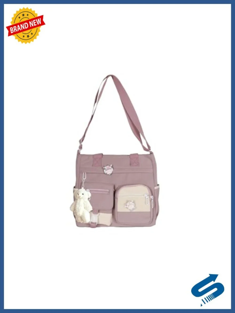Nylon Crossbody Bag with Bear Charm Messenger Satchel Lightweight Travel